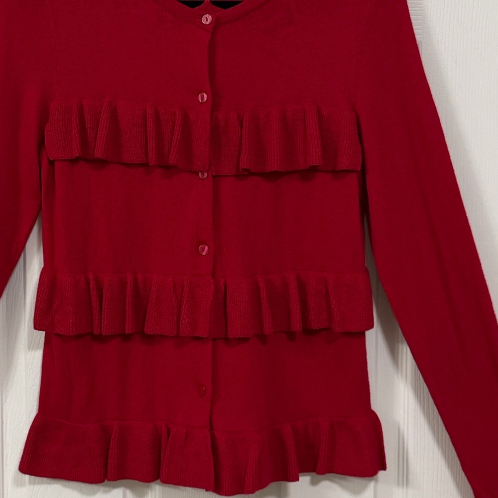 Ann Taylor Red Ruffled Button Down Sweater Holiday Cocktail Party Office - Picture 11 of 15